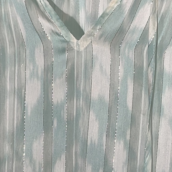 BCBG MaxAzria Semi-sheer blouse. Aqua & white with fine metallic stripes. - Picture 3 of 4